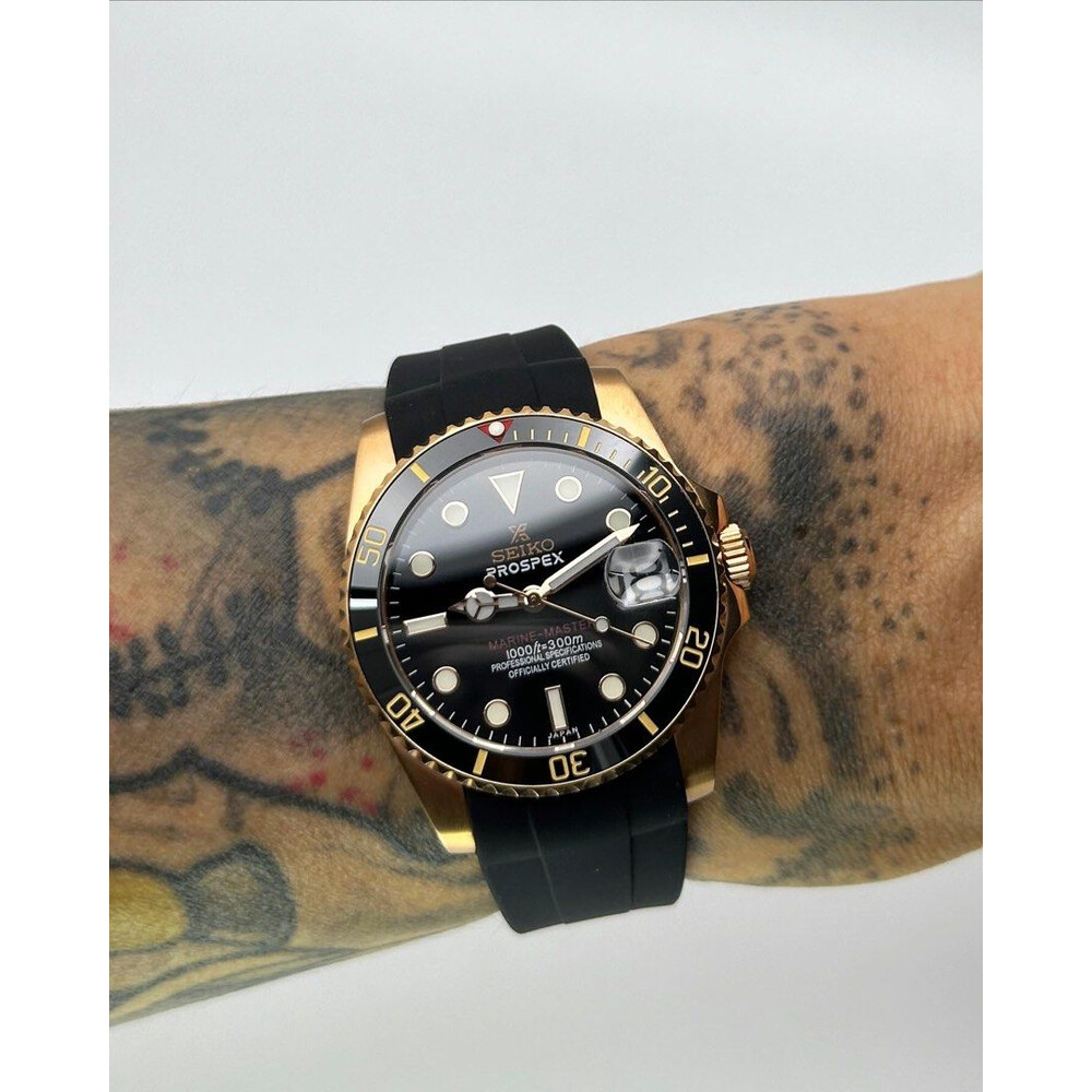 Custom Seiko Mod • Glossy Black Prospex Rose Gold Yachtmaster • 36mm